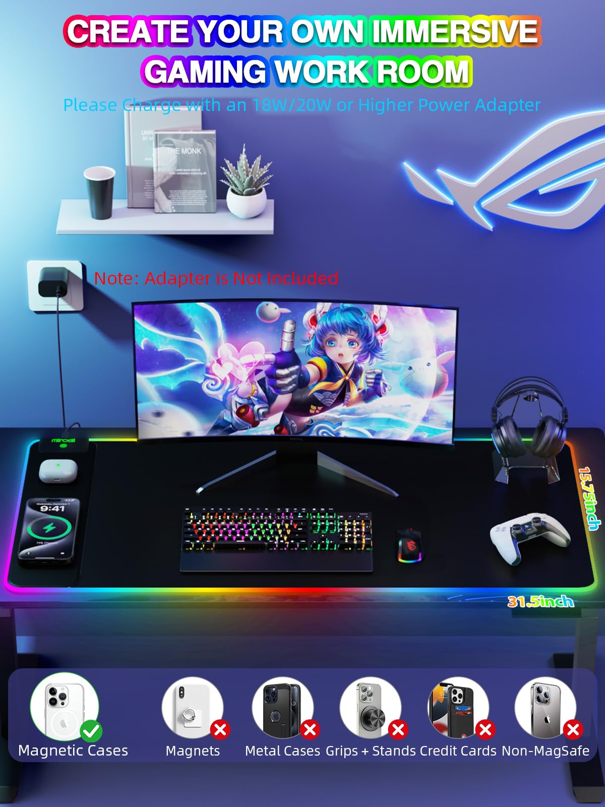Mouse Pad with 15W Magnetic Wireless Charging 31.5x15.75 Inch, RGB Mousepad for Desk Mat, XXL Desk Pad with 11 Colors & 5 Modes, Home Office Large Keyboard Pad Waterproof Non-Slip for Gaming PC Setup