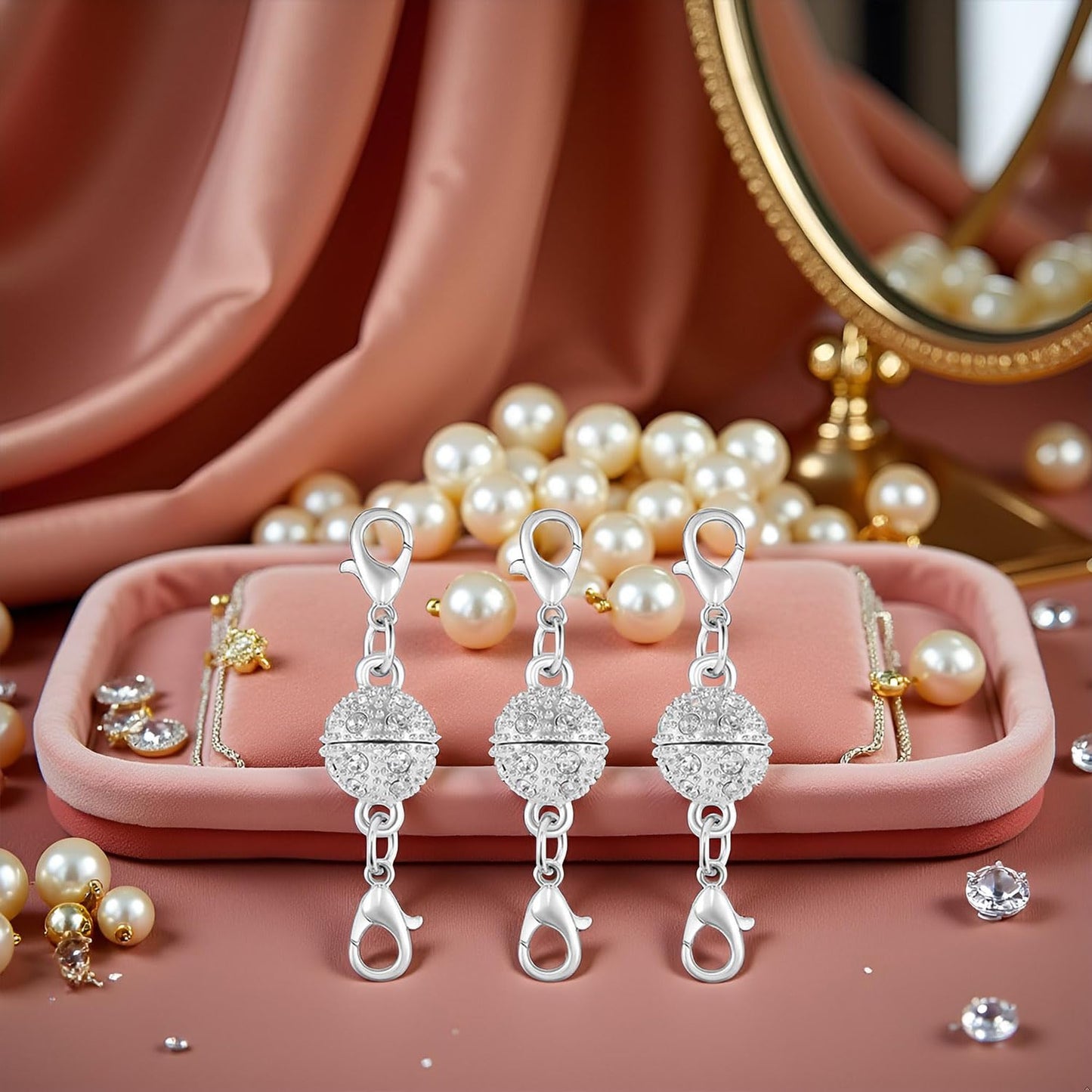 Magnetic Necklace Clasps, 18K Gold and Silver, Crystal Rhinestone Ball Connector with Lobster Clasp, Jewelry Extender for Necklaces, Bracelets (3pcs Silvery)