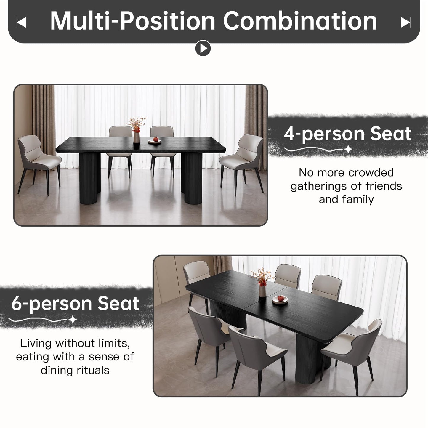 GraceNook 79" Rectangular Black Dining Table, Modern Kitchen Table with Sturdy Sleek Wave Support Legs for Living Room, Dining Room & Kitchen