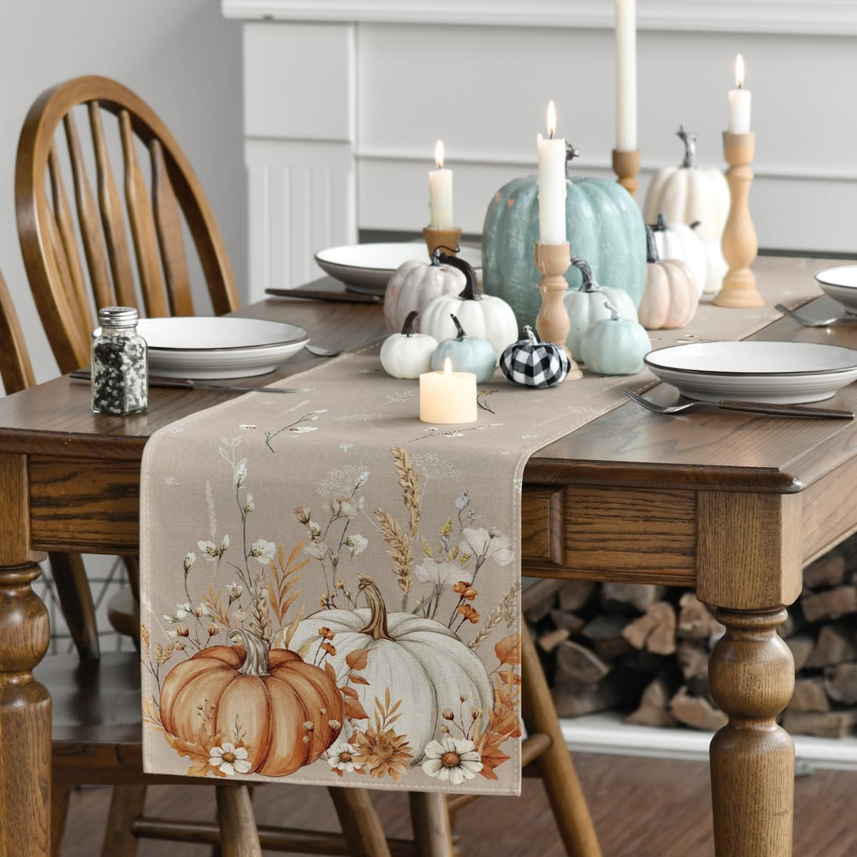 Artoid Mode Pumpkins Leaves Flowers 210 GSM Fall Table Runner, Seasonal Autumn Kitchen Dining Table Decoration for Home Party Decor 13x72 Inch