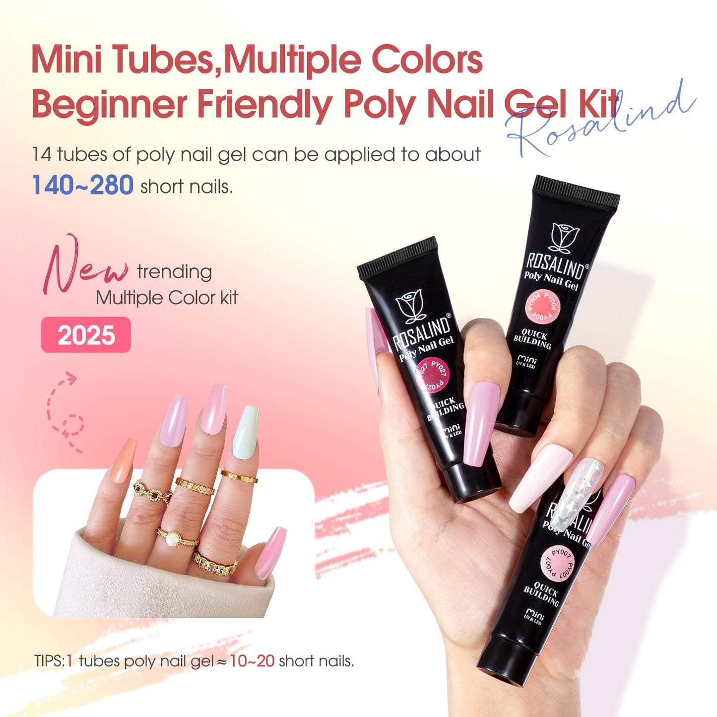 Poly Nail Gel Starter Kit with Drill -14 Colors + 75 Nails Art Accessories Kits, ROSALIND Nue Clear Poly Extension Gel with Big UV Light 48W and Electric Nail Drill Starter Kit with Everything