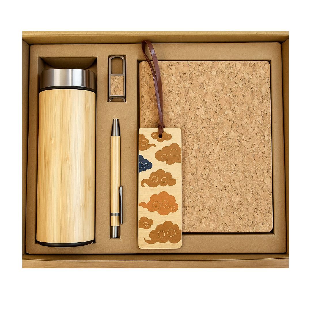 Corporate Gift Set – Eco-Friendly Bamboo Water Bottle, Handcrafted Journal, Pen, Keychain & Wooden Bookmark in Elegant Box – Employee Appreciation, Executive & Client Gift Box