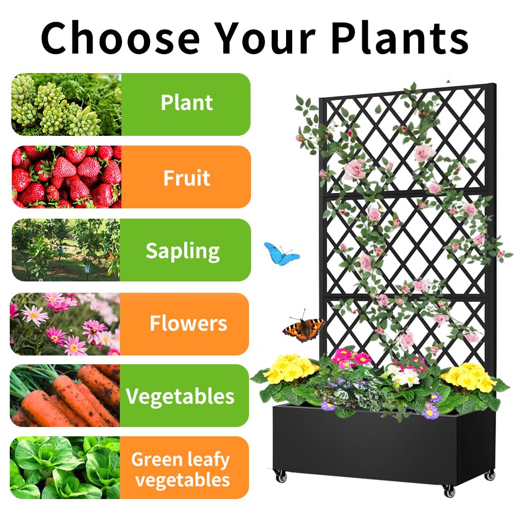 Metal Planter Box with Privacy Screen Trellis,Galvanized Raised Garden Bed On Wheels for Climbing Plants Vines, Standing Garden Flower Bed with Drainage Holes (Black, 35" L x16 W x 73" H)