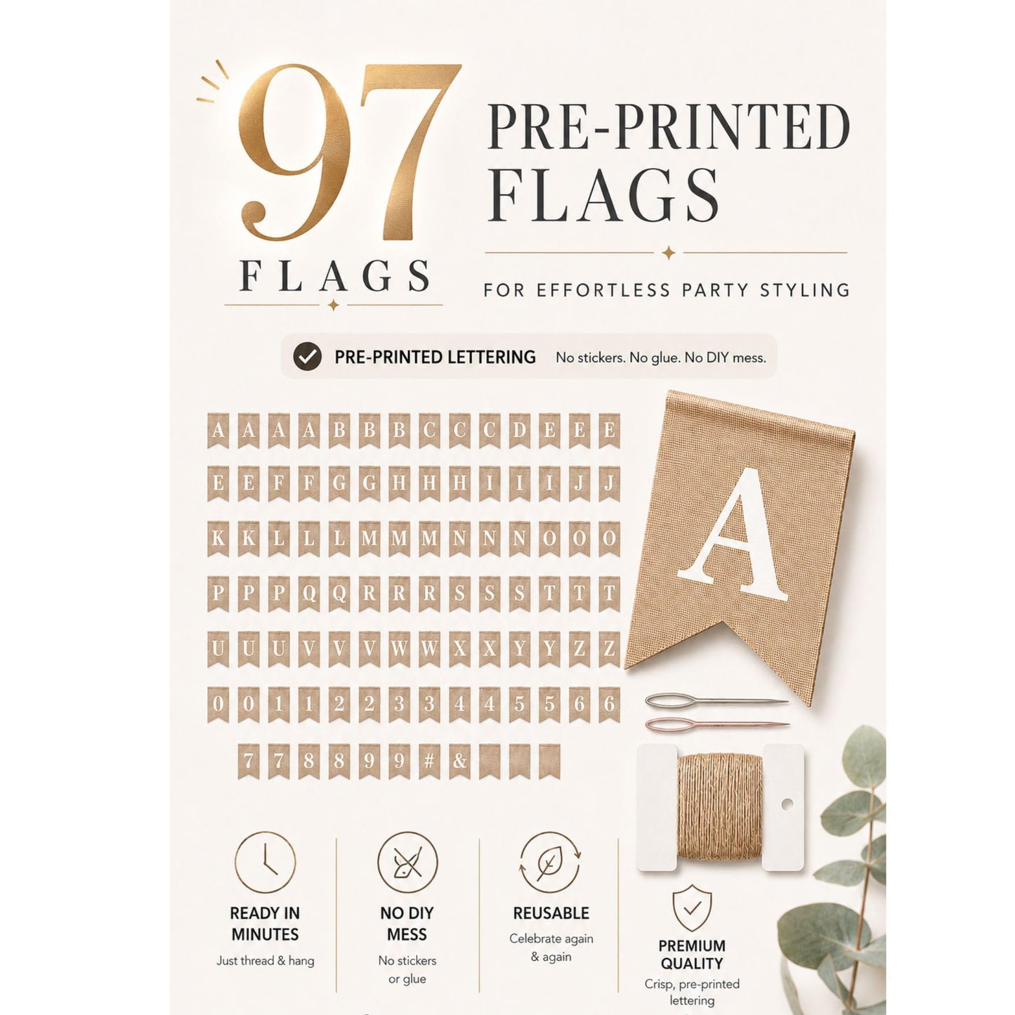 Pre-Printed Banner Kit – 97 BURLAP Flags with WHITE Letters, Numbers & Symbols, Reusable DIY Custom Banner, Make Your Own Personalized Banner for Aesthetic Party Decor, Natural Linen-Look Burlap, Includes Twine & Needles