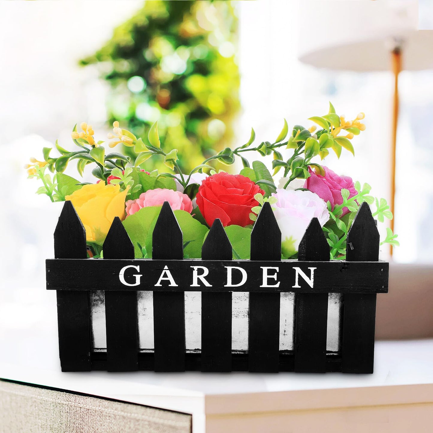 PAMINGONO Rectangular Wooden Fence Planter Box, Black Pastoral Style Flower Pot for Garden and Home Decoration, Wooden Plant Container Suitable for Outdoor Patio and Indoor Use