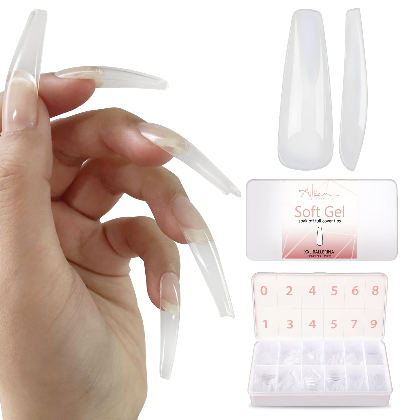 Allkem Soft Gel Nail Tips - 360 pcs XXL Ballerina Nail Extensions Kit - 12 Sizes Extra Extra Long Full Cover Nails - Clear (360 Pieces)