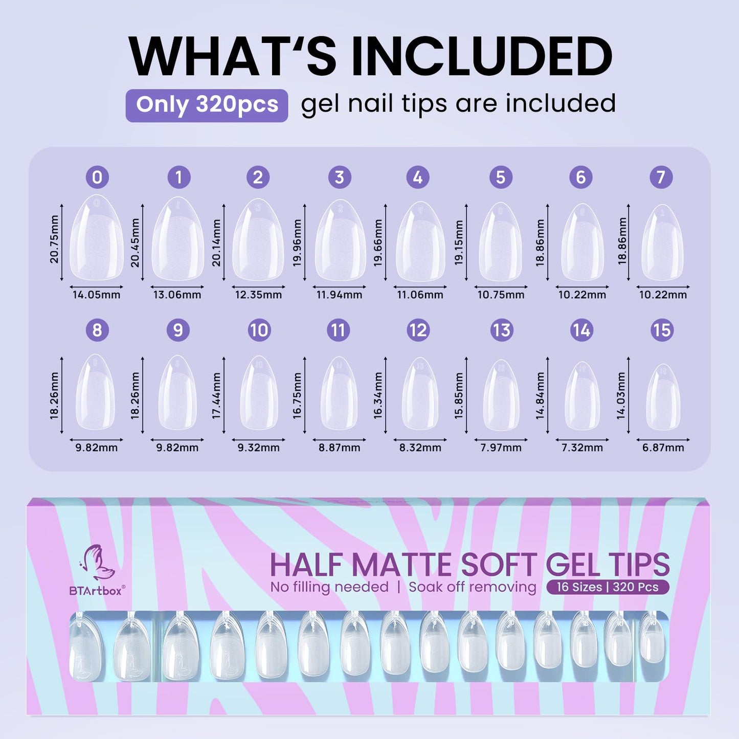 BTArtbox Short Almond Nail Tips - 320pcs Pre-shape Half Matte Soft Gel Tips, Clear Ultra Fit & Natural Acrylic Fake Nails for Full Cover Nail Extension, 16 Sizes