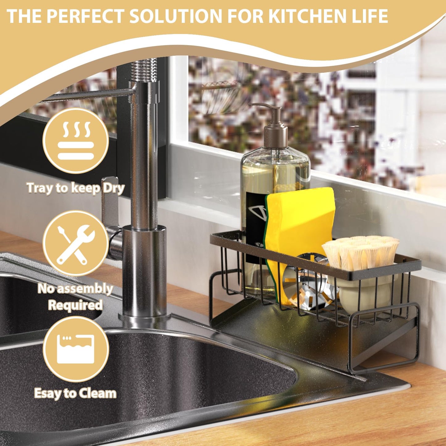 KABUM Sponge Holder Drain Rack for Kitchen Sink - 4-in-1 Organizer Holds Sponge, Soap, Stopper & Mini Brush, 9” Long Rustproof Carbon Steel Tray, Essential Kitchen Storage for a Tidy countertop, Grey