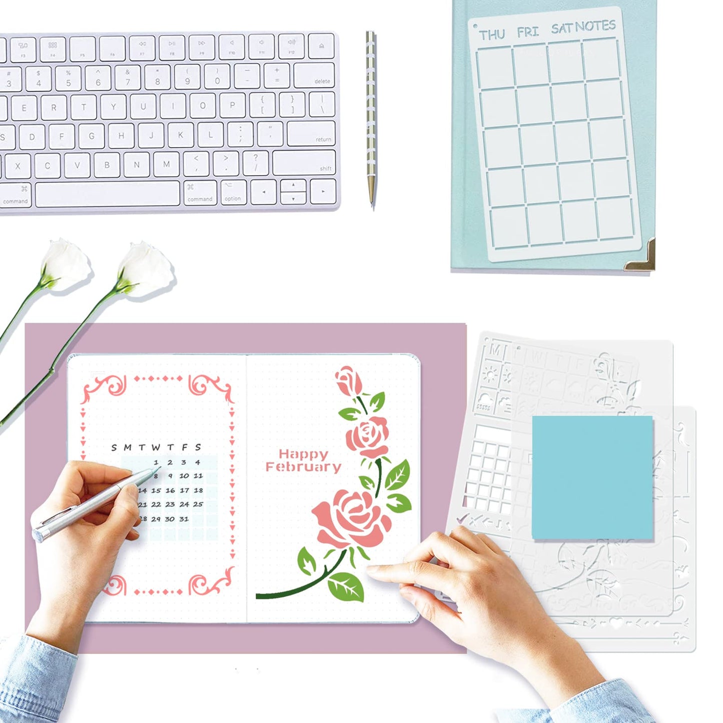 Midenco 30 PCS Bullet Journals Stencils Supplies (5.1x7.9 Inch) Plastic Planner Stencil for Journaling Bujo Accessories Incl Ultimate Productivity and Monthly Seasonal Holiday Themes Stencil
