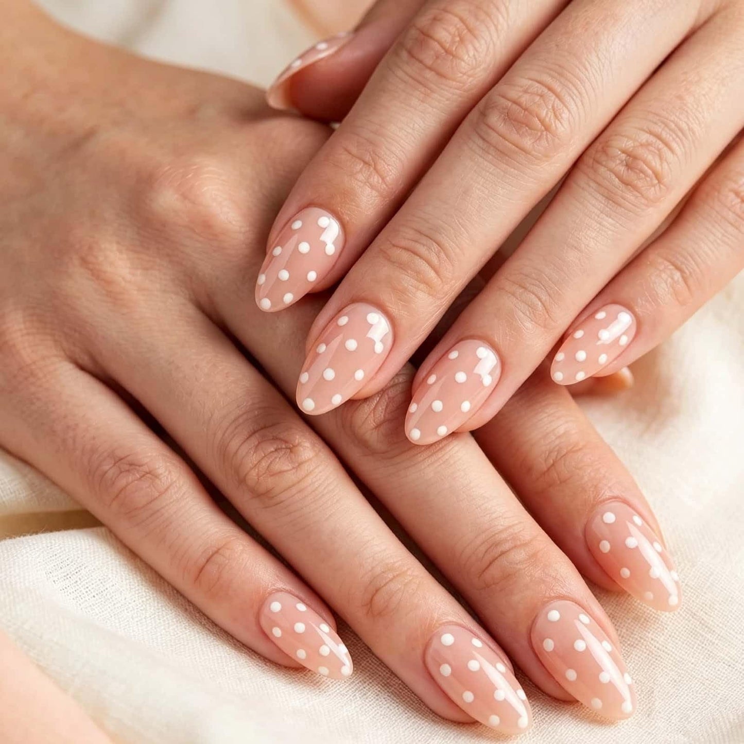 Polka Dot Press On Nails, Short Almond Nude Pink Fake Nails with White Dots, Soft Gel Full Cover Reusable Glue On Nails, Cute Everyday Nails for Women 30 Pcs