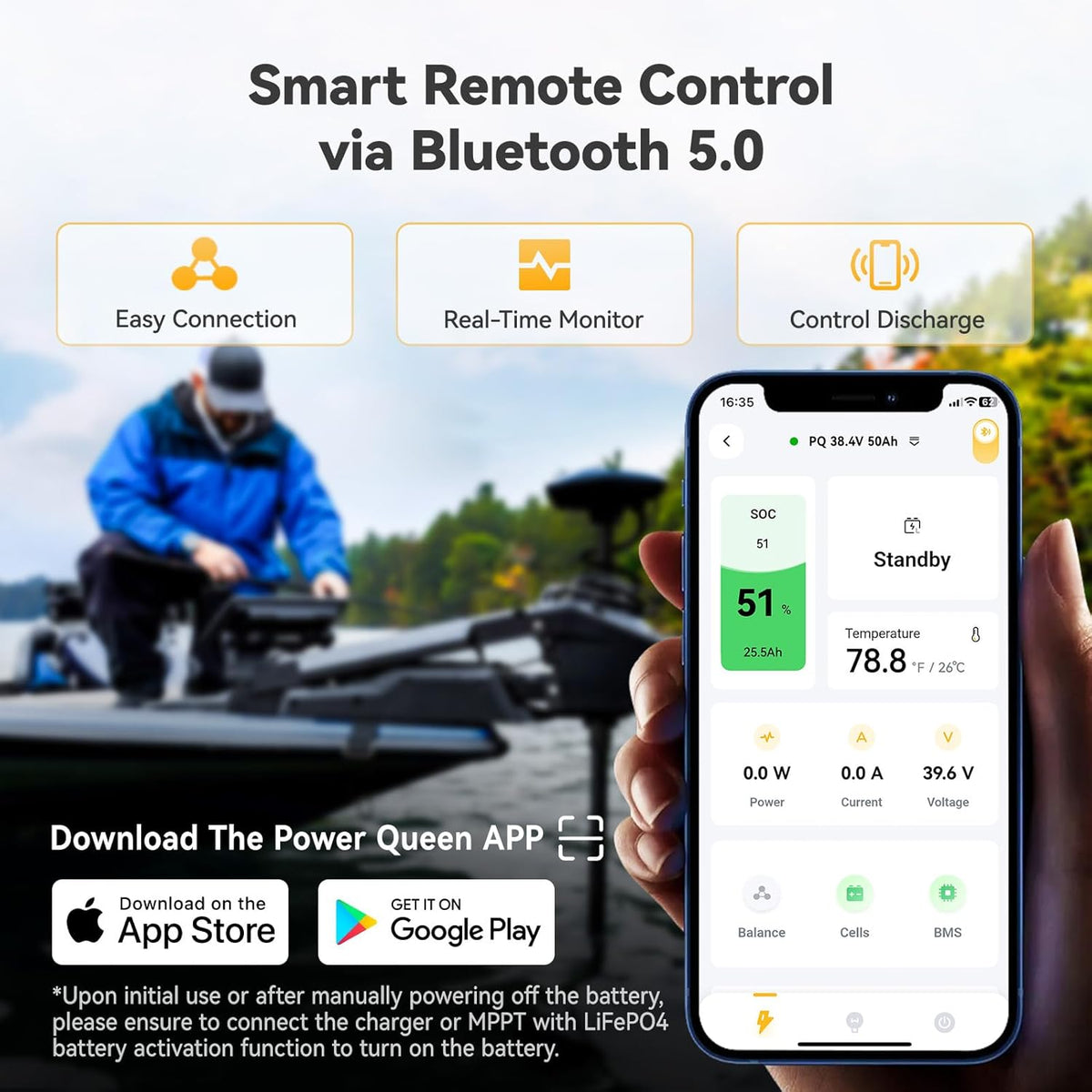 Power Queen 36V50Ah LiFePO4 Battery with Bluetooth 5.0 Remote Control, Low-temperature Protection, 1920Wh Energy, Deep Cycle Lithiumn Battery for 36V Trolling Motor Up To 120 lb
