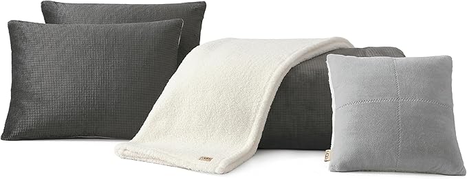 UGG Remina Comforter Set 5 Piece Bed in a Bag with Throw Blanket, Decorative Pillow, Shams, and Reversible Comforter Hypoallergenic Washable Luxury Warm Fluffy Bedding Set, Full/Queen, Charcoal Grey