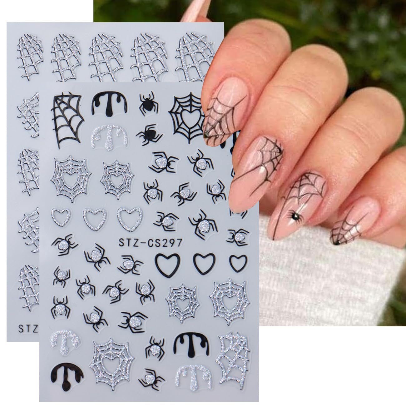 8Sheets Halloween 3D Glitter Spider Nail Art Stickers - Self-Adhesive Black Gold Silver Spider Web Decals - Luxury Gothic Design for Women DIY Nail Decoration