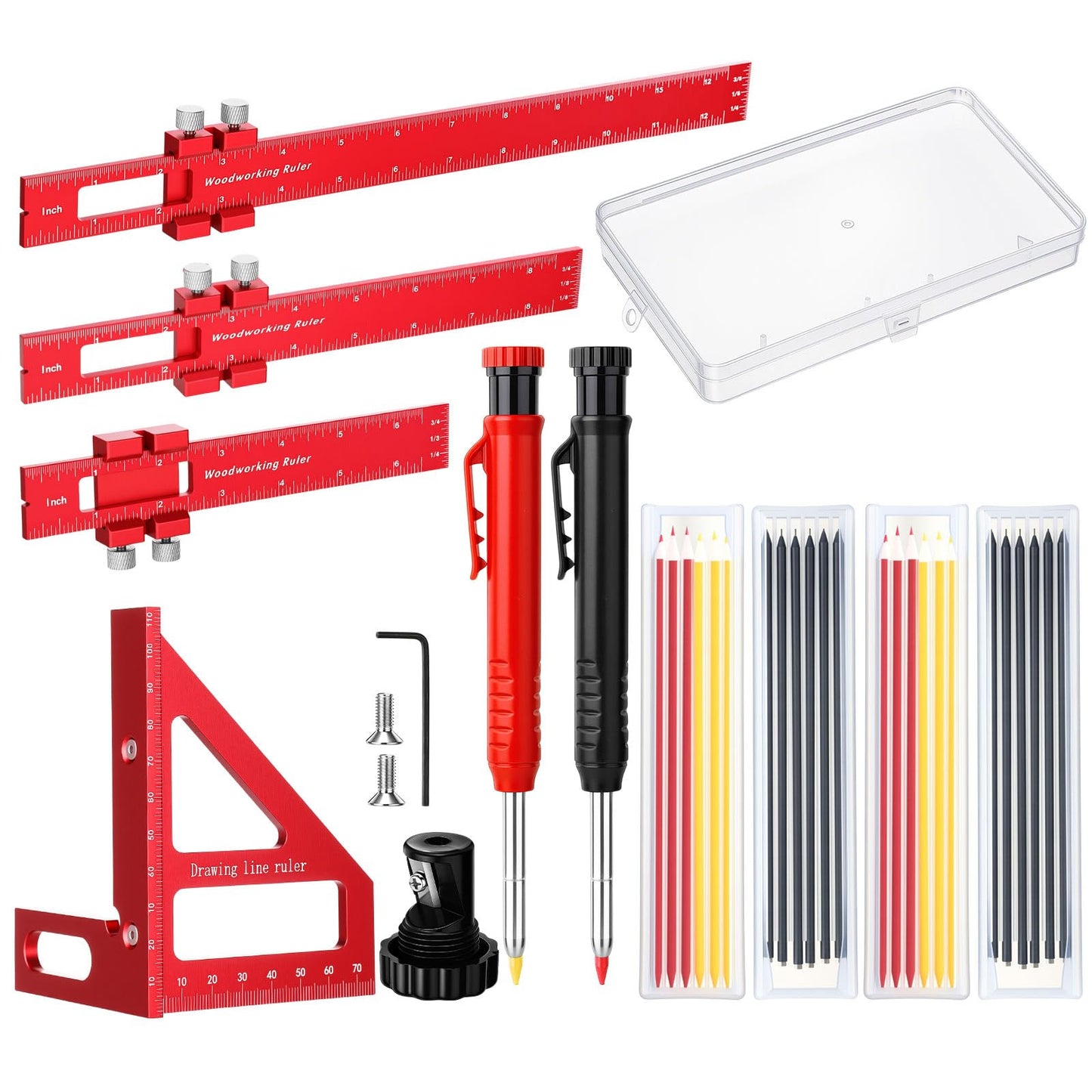 Relaxweex 32 Pack Woodworking Ruler Precision Metal Slide Rule 3D Multi-Angle Measuring Ruler Miter Triangle Rule and Mechanical Carpenter Pencils with Sharpener for Carpenters Craftsmen Builders