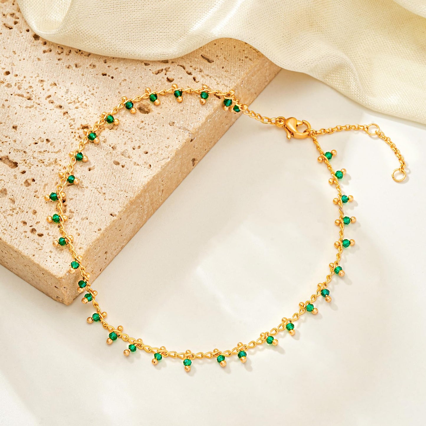 MTMY Gold Anklets for Women 14K Gold Plated Tiny Bead Anklet Green Cubic Zirconia Tassel Foot Chain Cute Summer Beach Boho Anklets Jewelry Gift(green crystal)