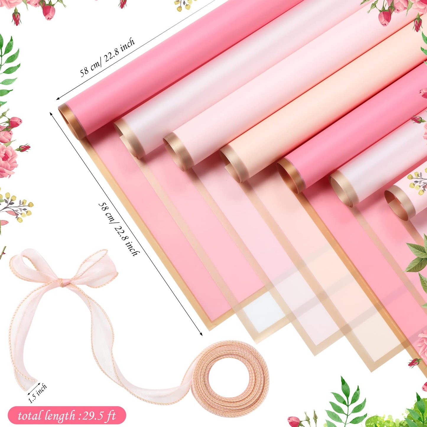 Fainne 80 Pcs Pink Flower Wrapping Paper Lotus Floral Bouquet Wrapping Paper with Gold Edge Waterproof Florist Floral Paper Bouquet for DIY Florist Supplies, 22.8 x 22.8 in