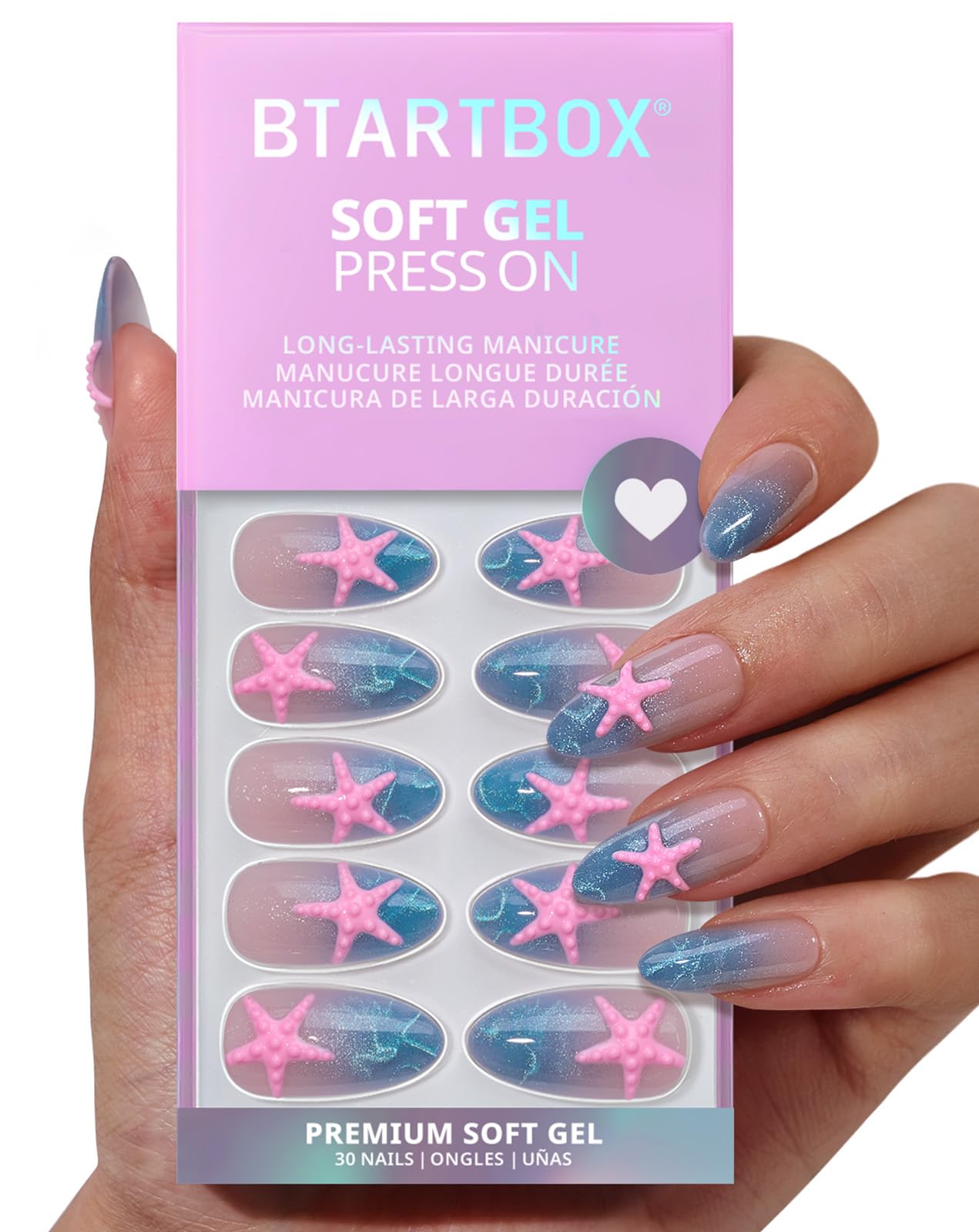 BTArtbox Press On Nails Medium - Star Shore, Easy-to-Apply 3D Starfish Blue Cat Eye Almond Press On Nails with Glue and Adhesive Tabs in 15 Sizes - 30 Nails All-in-One Kit