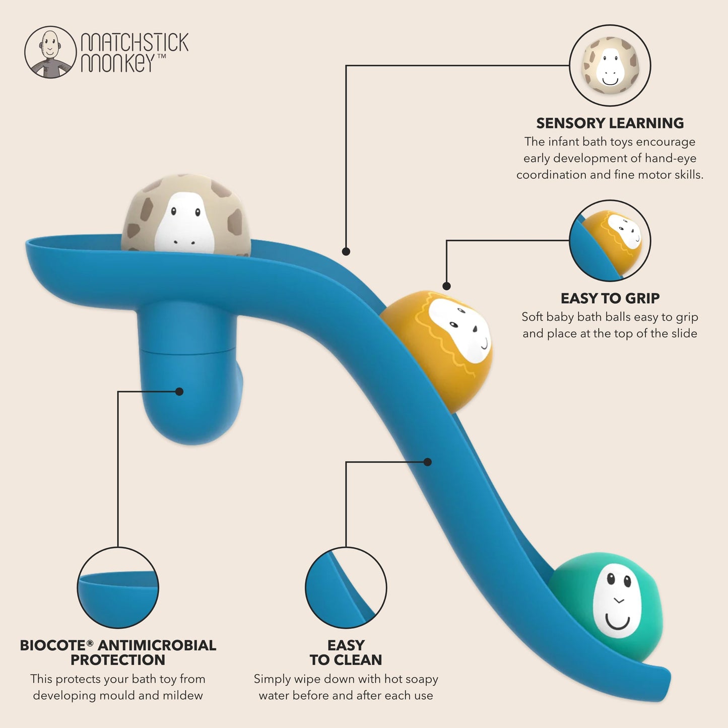 Matchstick Monkey Bath Time Slide Set – Baby Bath Toy, Sensory Learning, Easy-to-Grip Animal Rocks, Encourages Motor Skills & Water Play, BPA-Free, 12 Months+, Blue