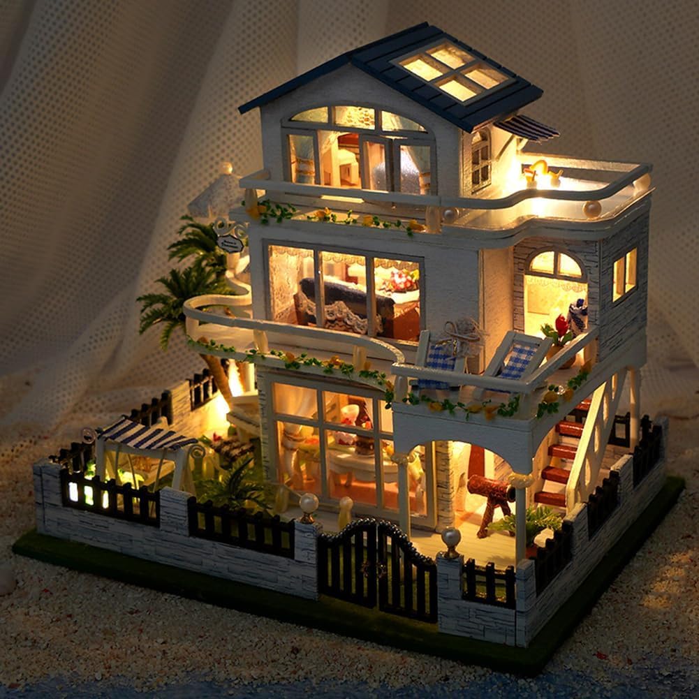 iiecrKiie Dollhouse Miniature with Furniture,DIY Kit Mini Modern Villa Model, Creative Doll House Best Christmas Birthday Gift for Lovers Boys and Girls