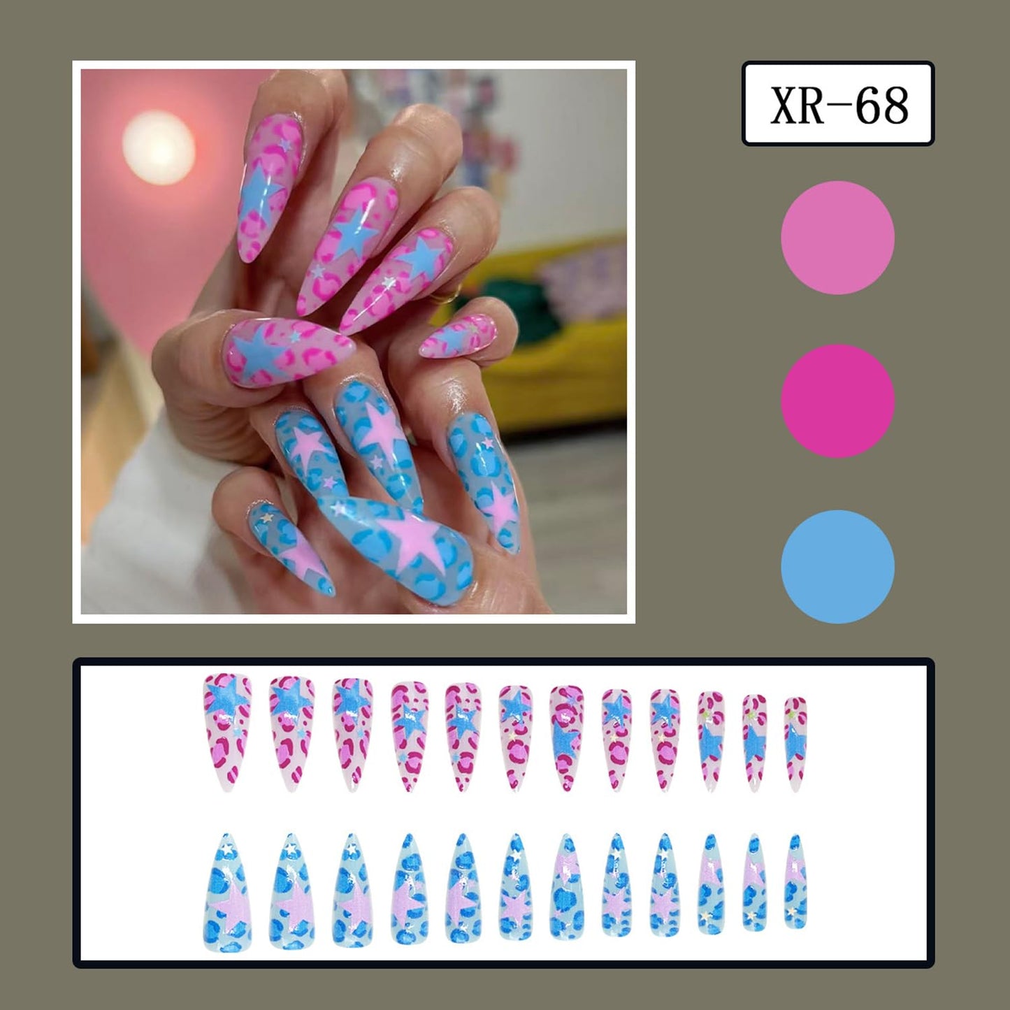 Long Stiletto Press On Nails Y2k Fake Nails Star With Leopard Print Design Pink Blue False Nails Full Cover Reusable Artificial Glossy Acrylic Nail Cute Stick On Nail For Women Manicure Art 24pcs
