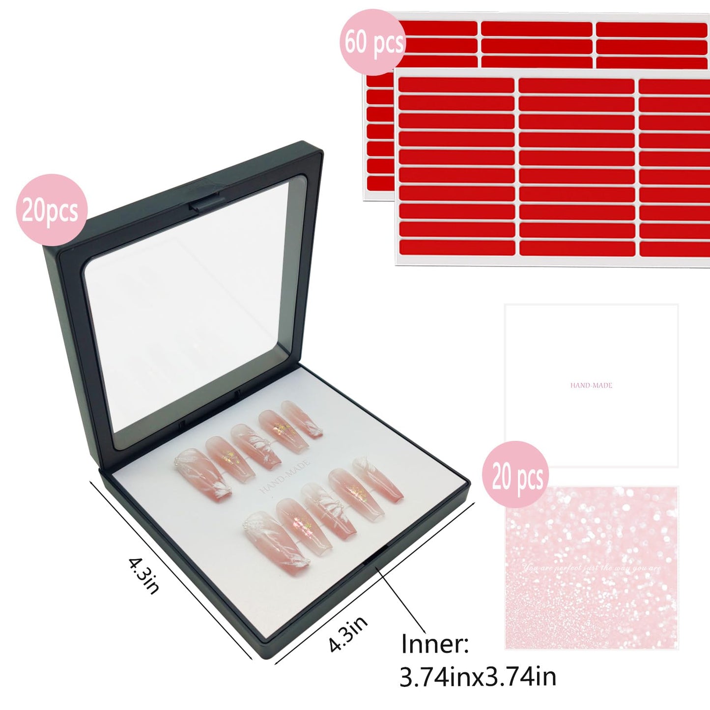 GUXACU Press On Nail Packaging Boxes - 3D Floating Storage and Display Box With 60pcs Double Sided Adhesive Tape for Nail Tech (Black, 4.3 Inch)