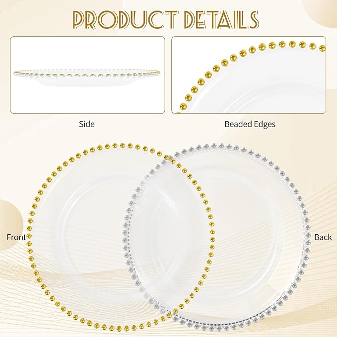 12 PCS Clear Round Charger Plates with Beaded Rim, 13 Inch Plastic Acrylic Plate, Plastic Round Beaded Dinner Decorative Service Plates for Wedding Party Event, Home Kitchen Tabletop(Gold)
