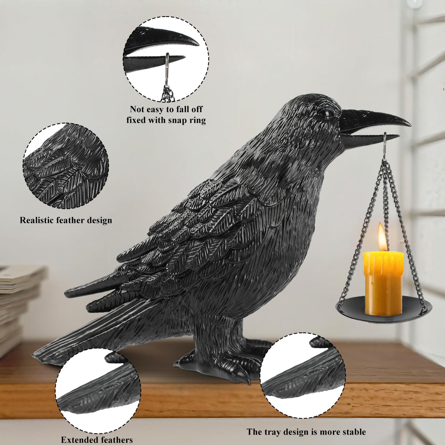 Gothic Home Decor Raven Lamp with Tealight Candle Holde,Gothic Statue Halloween Decorations,Resin Raven Decor Fake Crow Lamp for Bedroom Goth Gifts Black