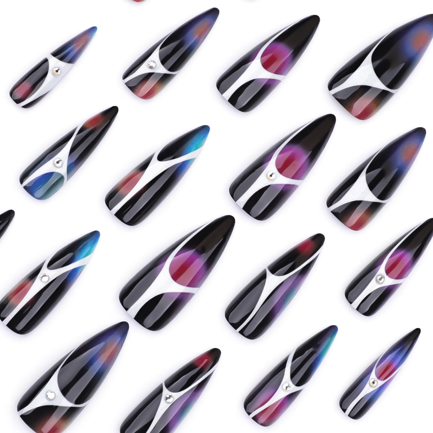 Stiletto Press On Nails Long Fake Nails Gradient With Rhinestone Design Black False Nails Full Cover Acrylic Nail Artificial Glossy Stick On Nail For Women 24pcs