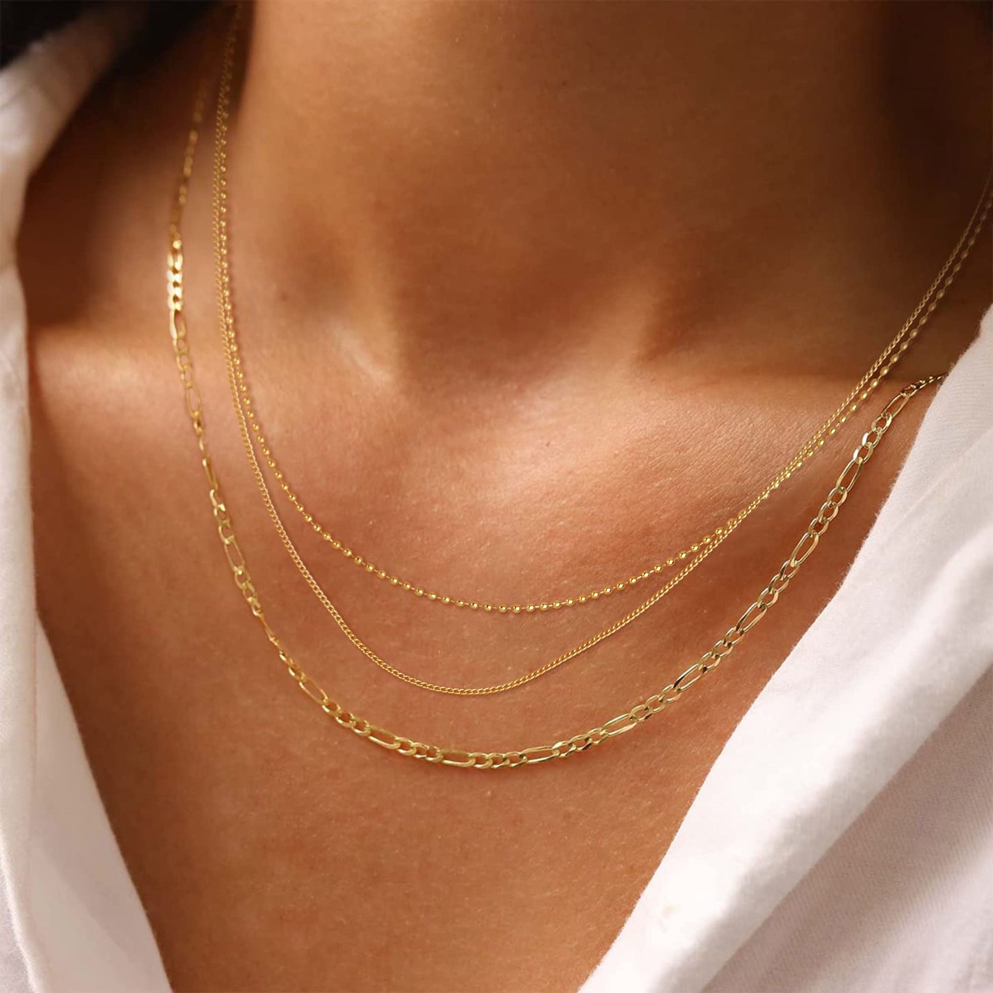 Freekiss Layered Gold Necklace for Women - 14K Gold Filled Herringbone, Stackable Cuban Figaro Beaded Link Chain, Dainty Gold Choker