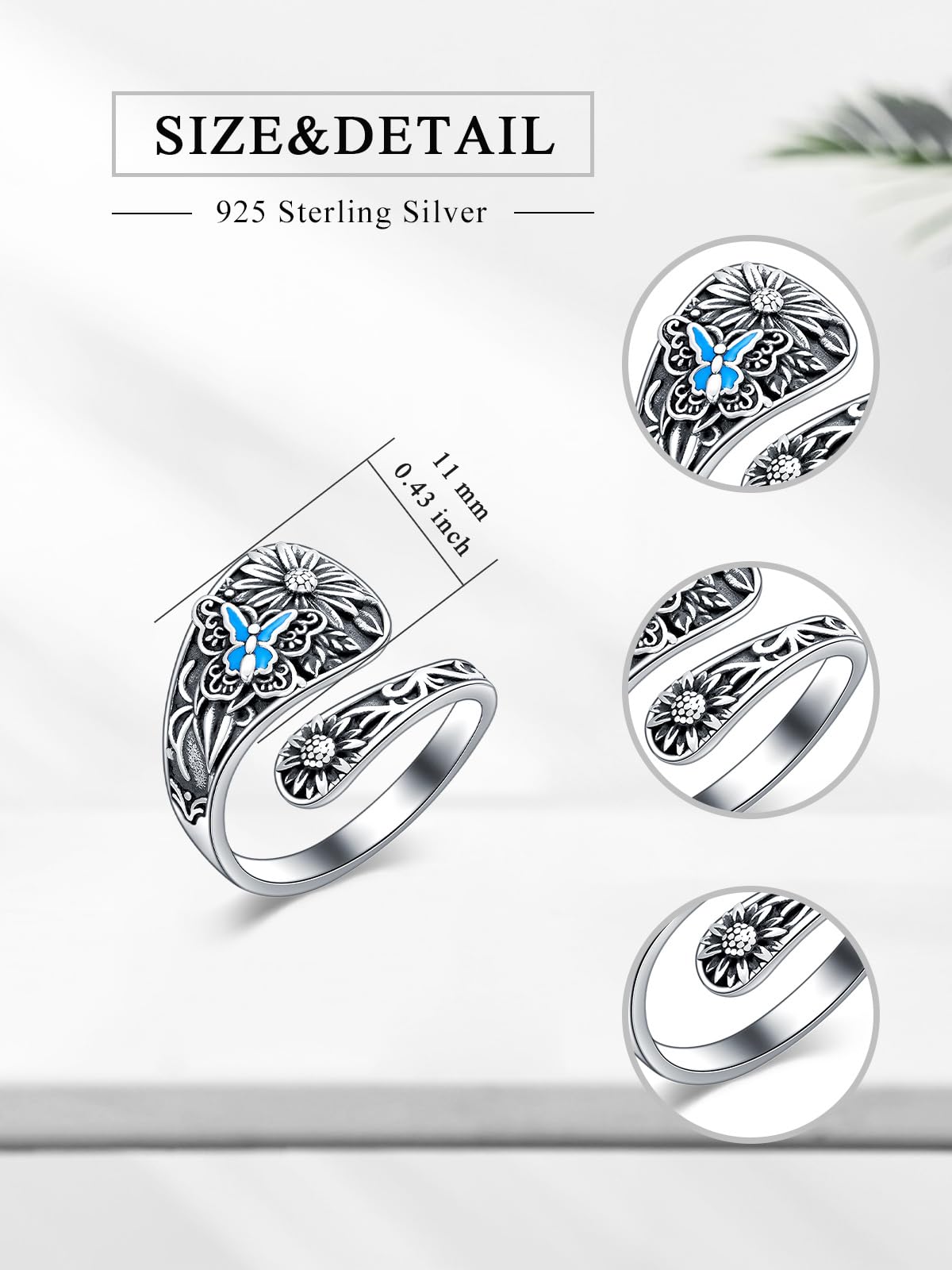 Midari Butterfly Sunflower Spoon Rings 925 Sterling Silver Butterfly Ring Sunflower Ring for Women Adjustable Thumb Spoon Ring Vintage Finger Open Spoon Rings for Women Daughters