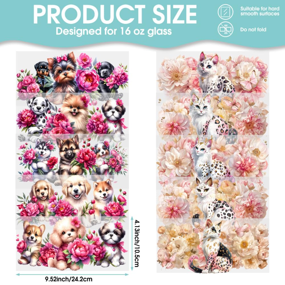 10 Sheets Dogs and Cats UV DTF Transfer Stickers, for Libbey Glass Tumbler, Waterproof Decals, Plastic Adhesive Label for Bottles and Cups Decor