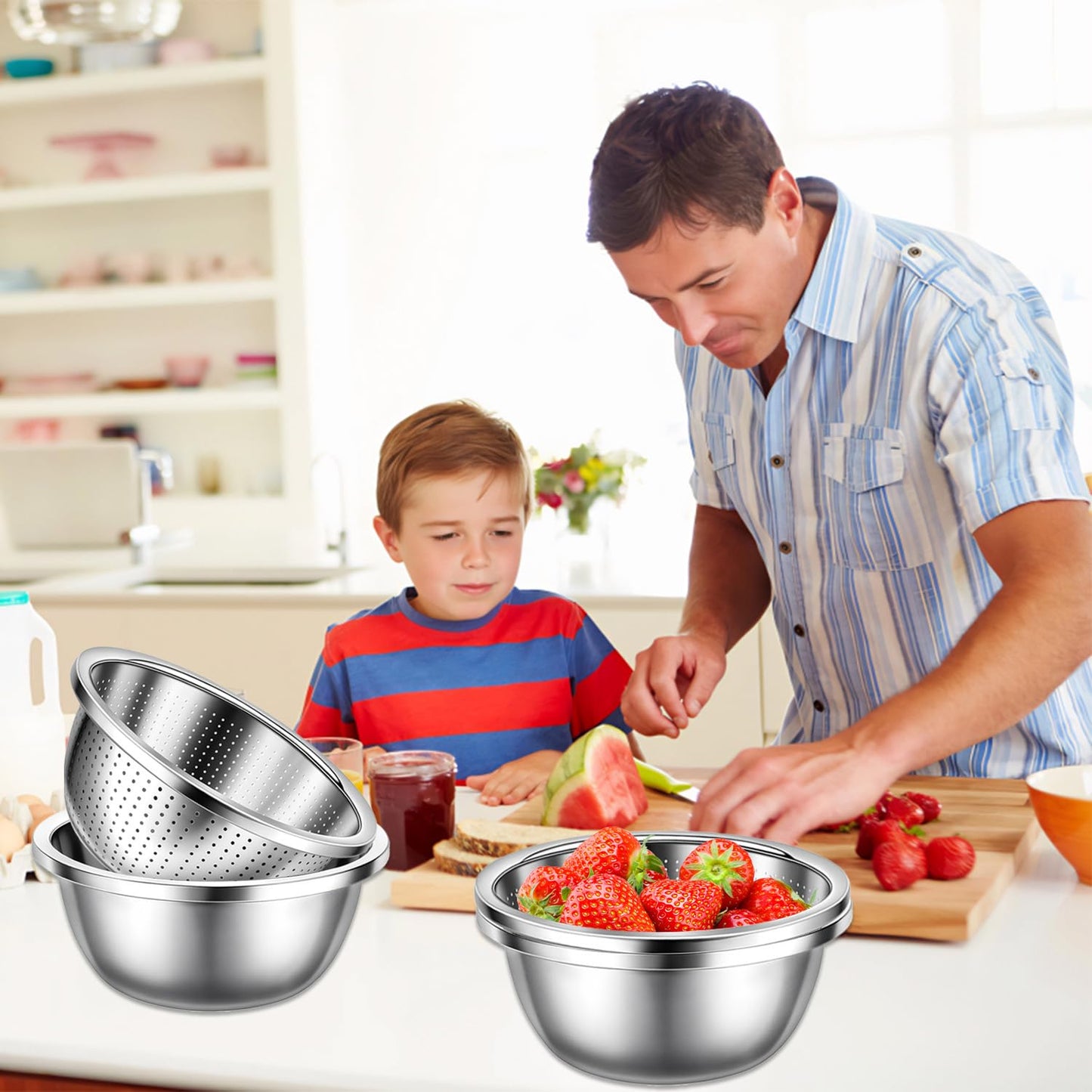 Stainless Steel Mixing Bowls, 4 Pack Rice Washer Strainer Bowl Large Mixing Bowl Salad Mixing Bow, Rice Cleaner Strainer Stainless Steel Colander For Washing Vegetables, Fruit, Rice, Straining Pasta