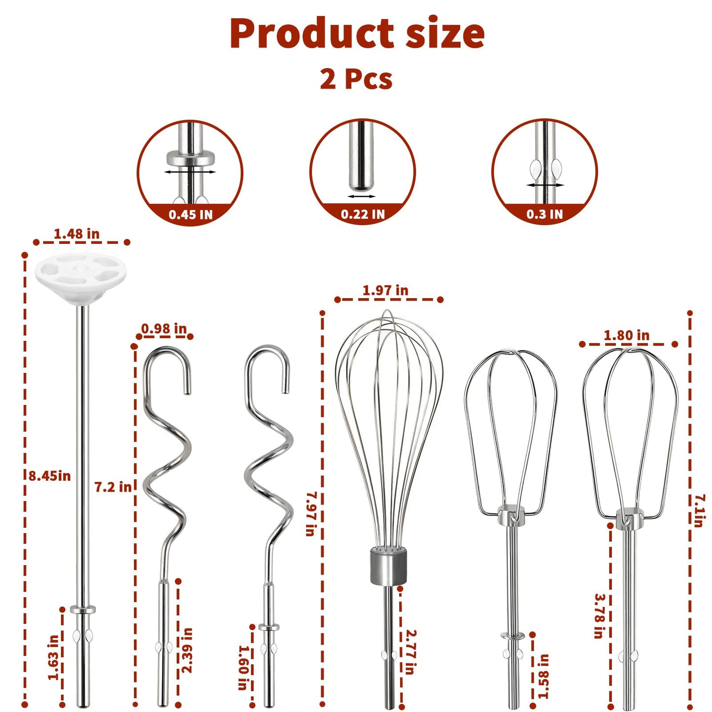 Hand Mixer Beaters Attachments for KitchenAid KHM512 KHM6118 KHM7210 KHM926, Including Turbo Beater, Pro Whisk, Dough Hooks, Blending Rod, Set of 6