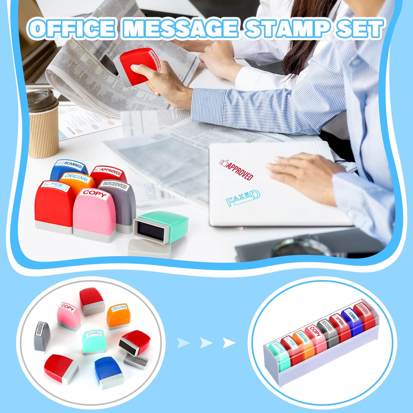 Crtiin 8 Pcs Office Stamp Set - Approved, Paid, Copy, Faxed, Scanned, Confidential, Received, Original - Self Inking Rubber Stamps Plastic, Rectangular for Business(Style 1,Mixed Colors)