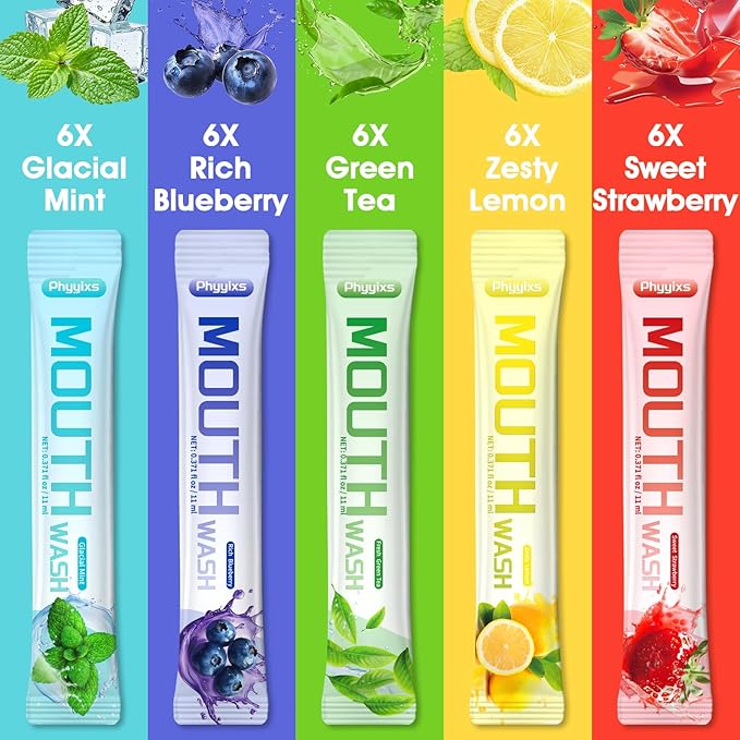 Mouthwash Travel Size – 30 Individually Wrapped Portable Packets, Alcohol-Free & Fluoride-Free, On-The-Go Oral Hygiene for Fresh Breath Anytime(5 Flavors)