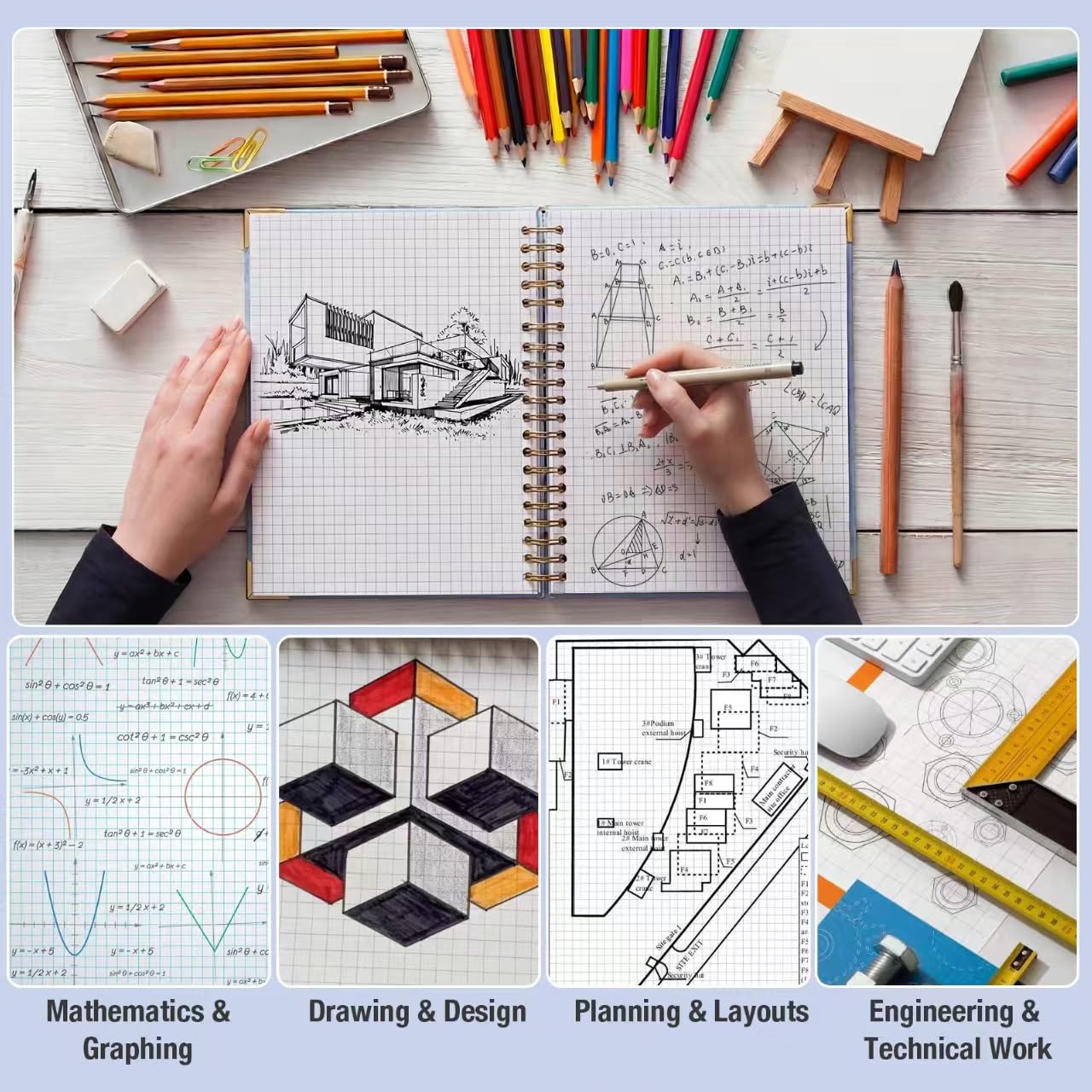 Graph Paper Notebook, 8.5” x 11” Graphing Notebook, 300 Pages, Large Hardcover Grid Notebook Journal, Graph Paper Spiral Notebook with Thick Paper, Pockets for School and Office Supplies, Purple