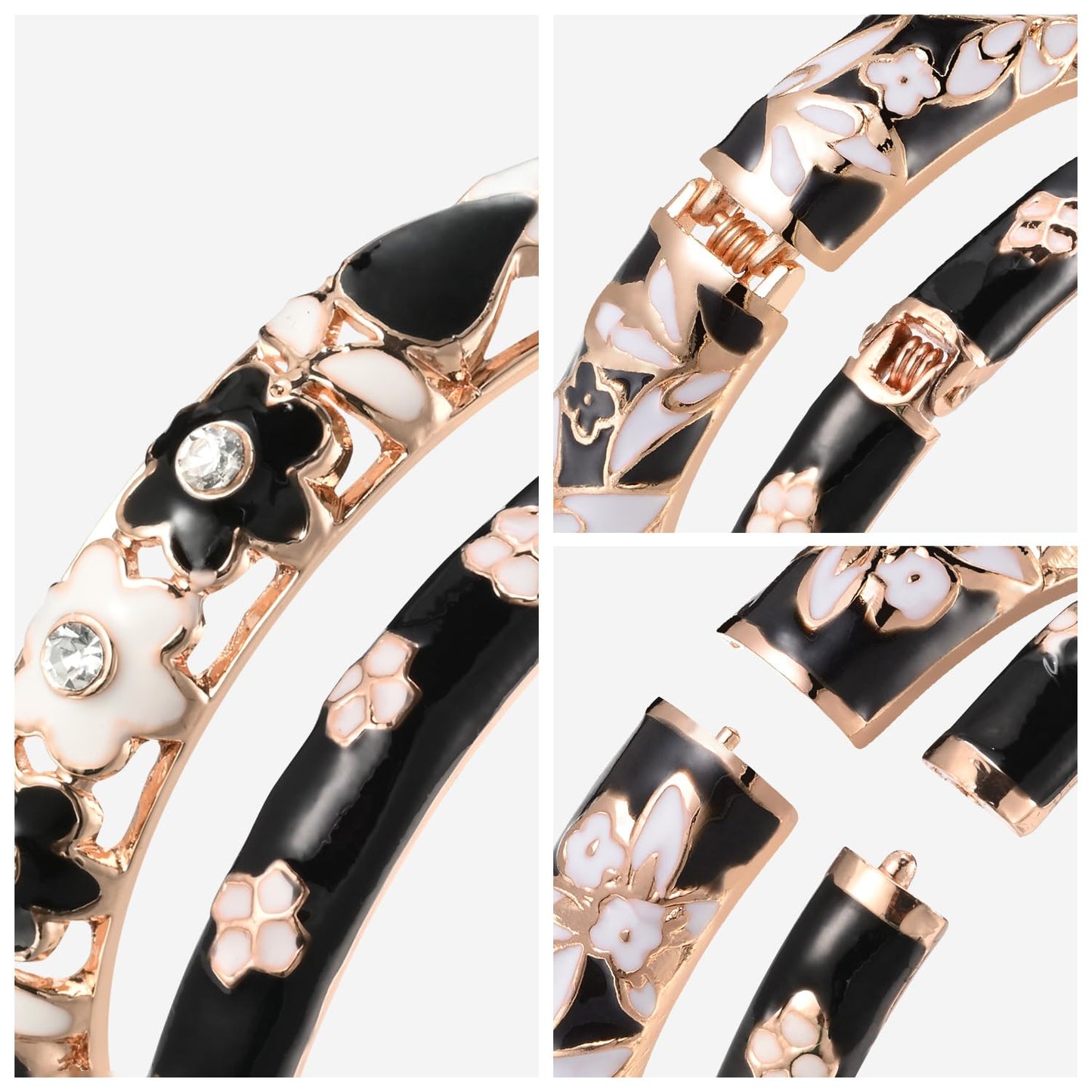 UJOY Vintage Cloisonne Bracelet Beautiful Flower Enamel Hinge Plated Rose Bangles Jewelry for Women's Gifts 88A18 3pcs Black