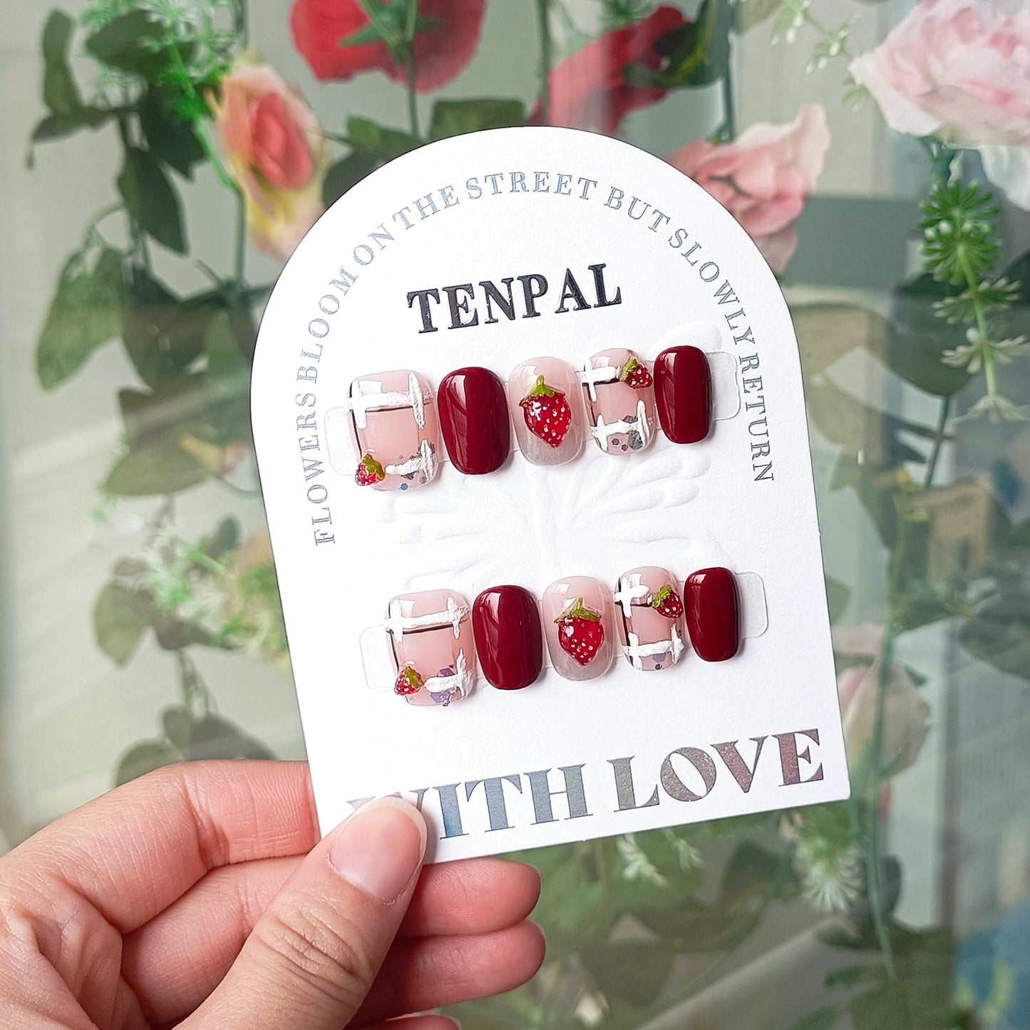 TENPAL Handmade Press on Nails Wine Red Nails Press Ons Short Square Gummy Candy 3d Strawberry Fake Nails with Glue Glossy Glitter Glue on Nails Short 10pcs/box Cute Stick on Nails for Women(M)