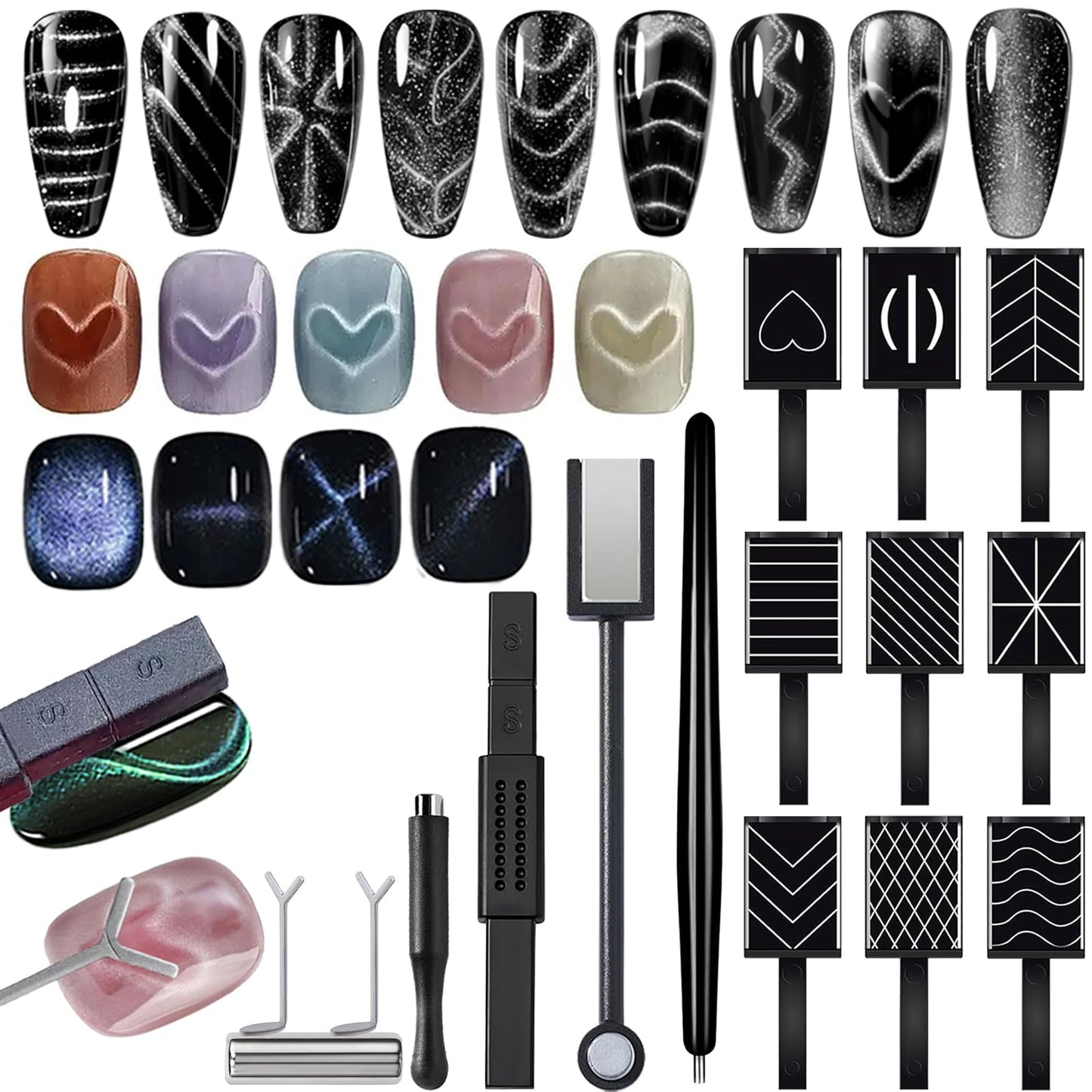 YECIRALA 14Pcs Cat Eye Magnet For Nails Magnet Tool Set With 2 Pcs Y-Shape Iron Molds, 14 Uniquely Shaped Nail Magnet For Nails Strong Magnetism Cylinder Cat Eye Gel Nail Polish Magnet Sticks Tools
