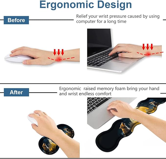 Ergonomic Keyboard Wrist Rest & Mouse Pad Wrist Rest Set, Large XXL Gaming Desk Mat 31.5"x 11.8" with Memory Foam, Easy Typing Pain Relief for Office & Home, Wolf Howling Under The Moon