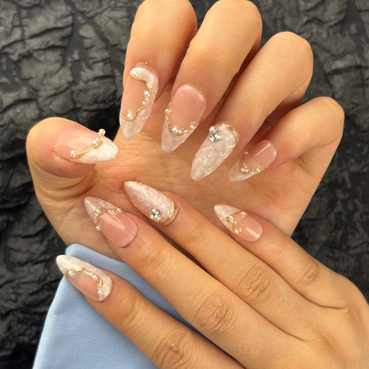 AKA Unicorn Large Handmade Press On Nails Short Almond,Nude Pink Acrylic Nails,Luxury Nail Press On with Charm Pearl Design for Wedding&Party Wear-True Love Design Concept