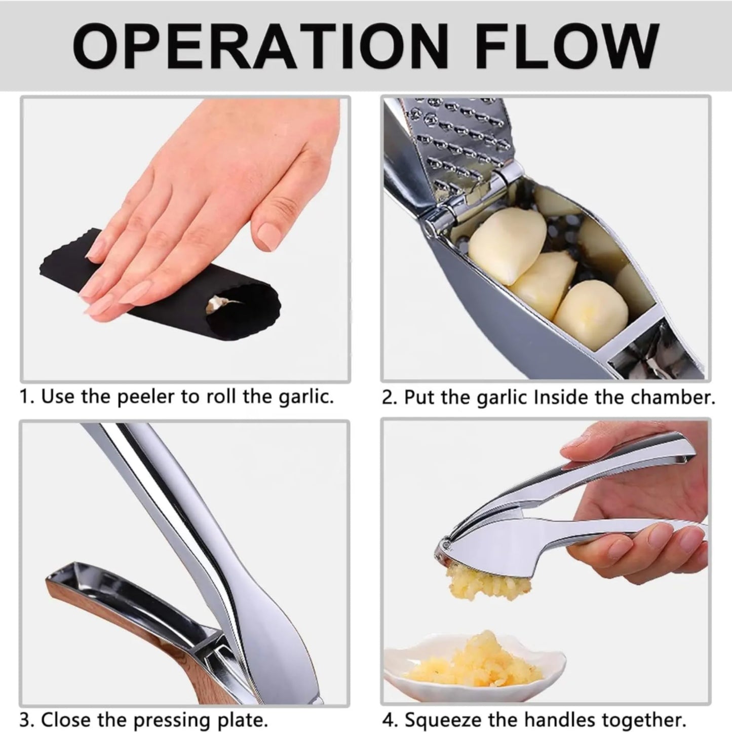 Garlic Press, Garlic Peeler and Cleaning Brush as 1 Set, Heavy Duty and Rust Proof Garlic Press Made of 304 Stainless Steel for Home and Kitchen Tools, Easy to Use & Dishwasher Safe