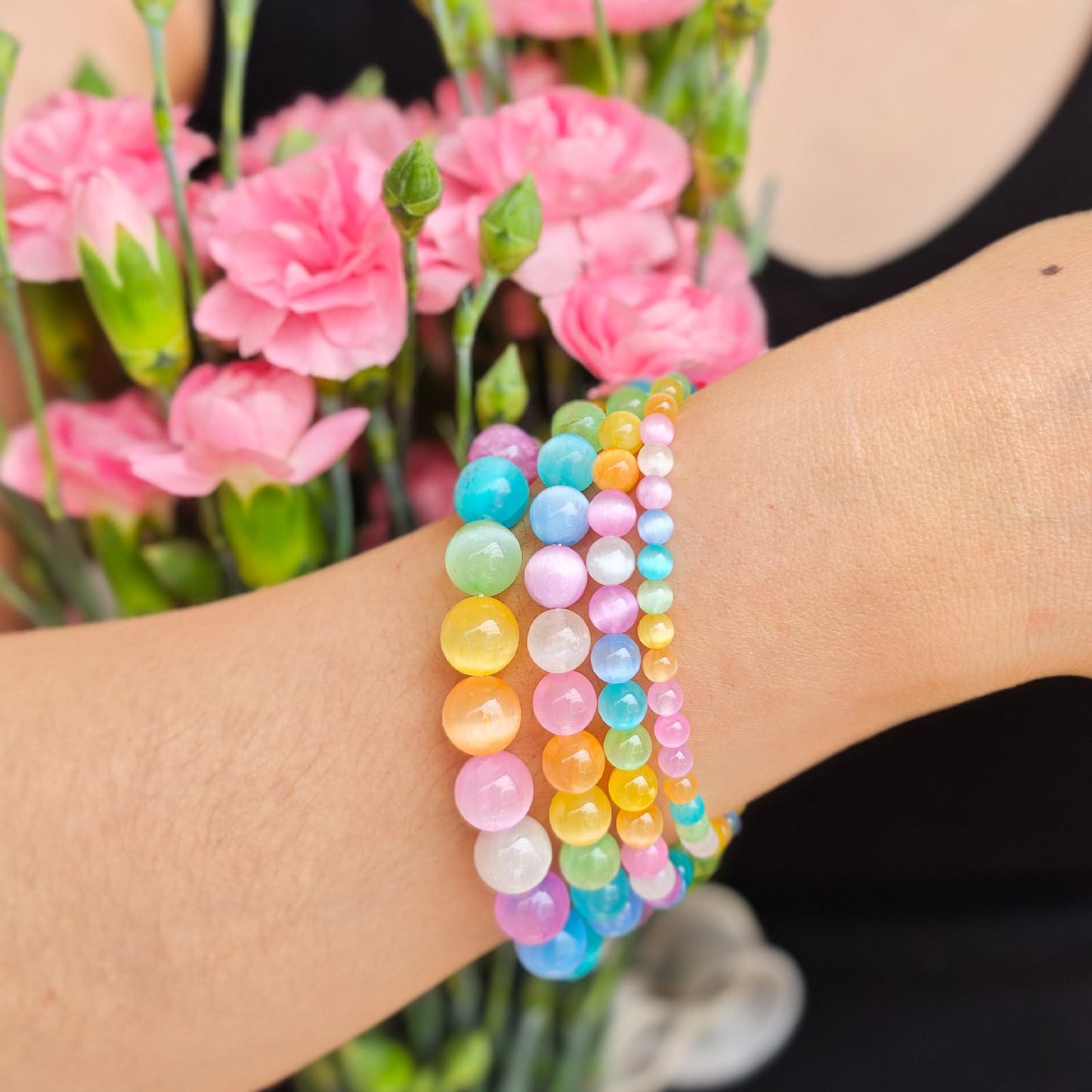 Handmade Natural Gemstone Elastic Bracelet - Healing Crystal Beads Jewelry, Unisex (Colourful Selenite, 8mm)
