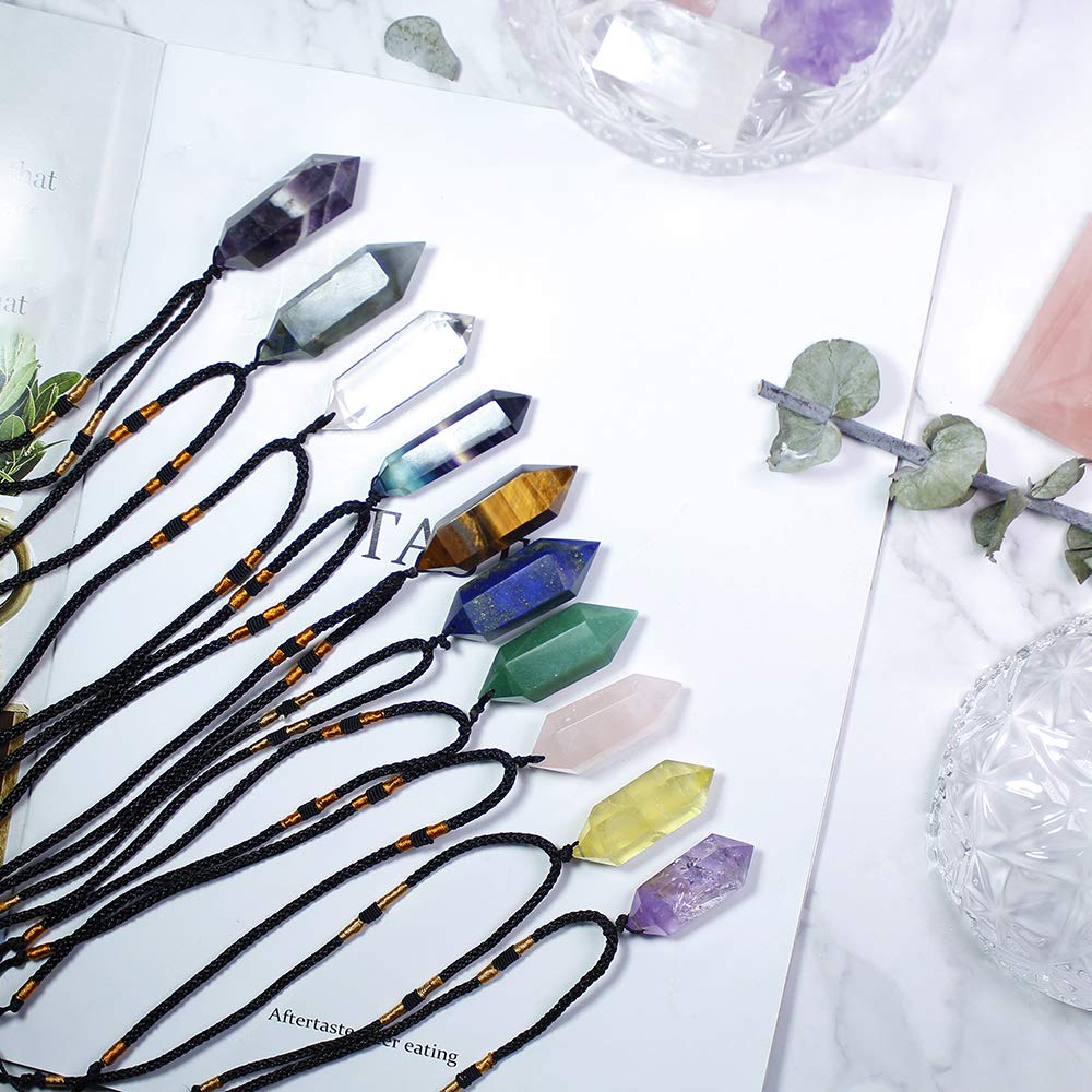 Runyangshi Green Aventurine Healing Crystal Pendants, Double Pointed Natural Crystal Quartz Necklace 6 Faceted Chakra Crystal Wand Stone