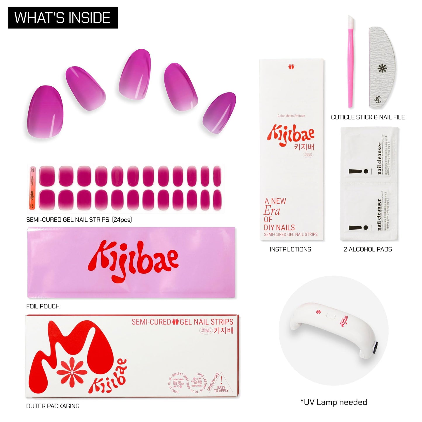 Kijibae Semi Cured Gel Polish Strips | 24pc UV LED Required Wraps | Gift Peel and Stick Nails | Coquette DIY Home Manicure | Press On Alternative (Cough Syrup)