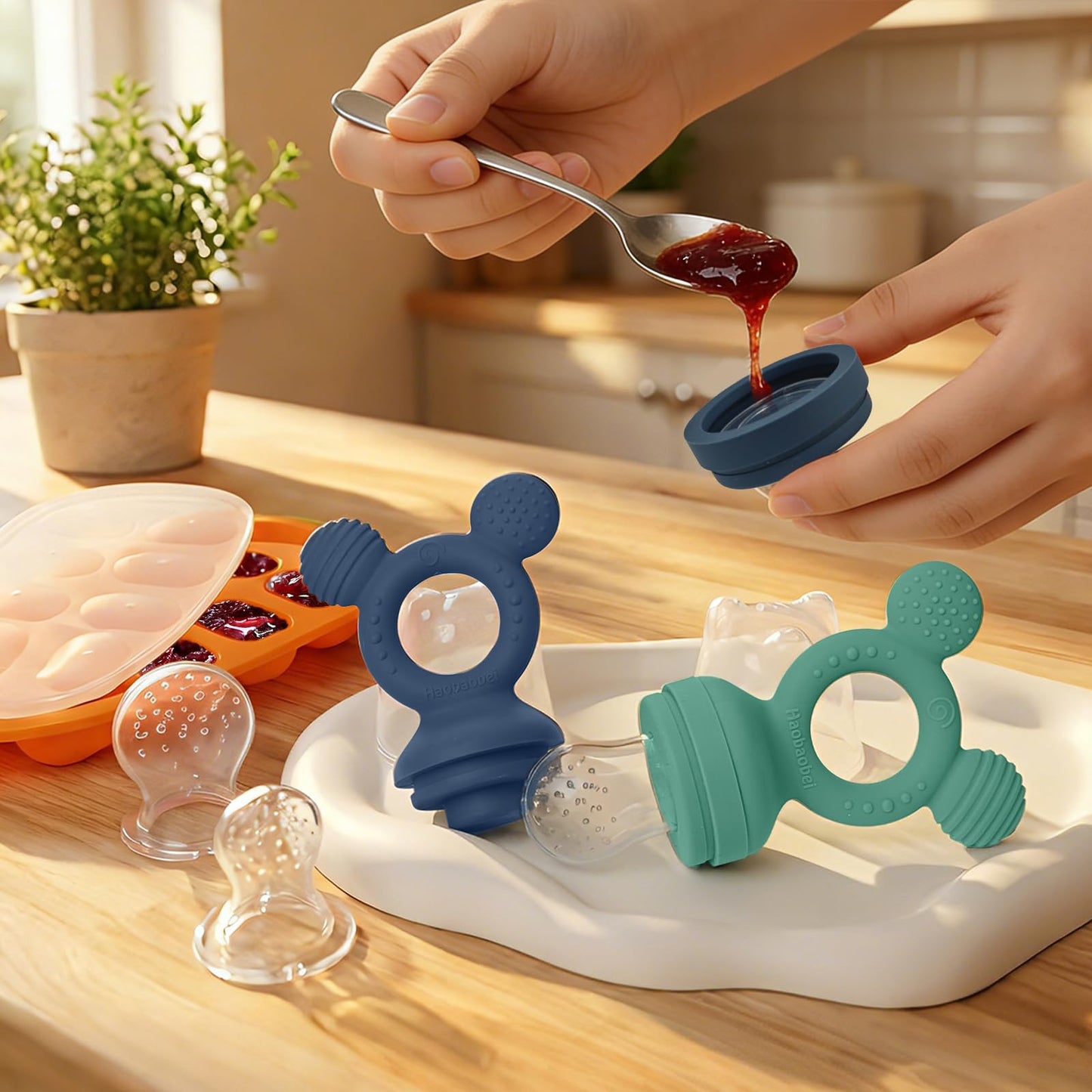 HAOBAOBEI Baby Fruit Feeder 2 Pack with Freezer Tray, 4 Silicone Pouches in 3 Sizes, Breastmilk Popsicle Mold, Food Feeder Pacifier and Silicone Teether for Teething Relief, 4+ Months