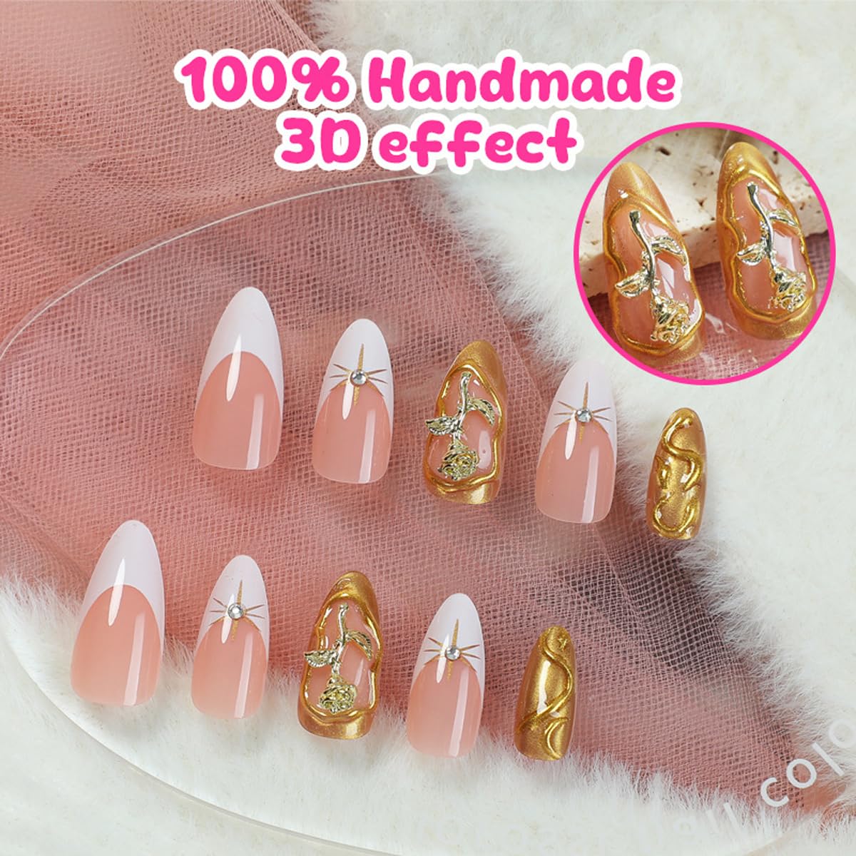 Gold Press on Nails Medium Almond Fake Nails French Nails Press ons with Gold Rose Charm Design Reusable Artificial Nail Full Cover Glue on Nail Stick on Nails for Women Manicure 24Pcs