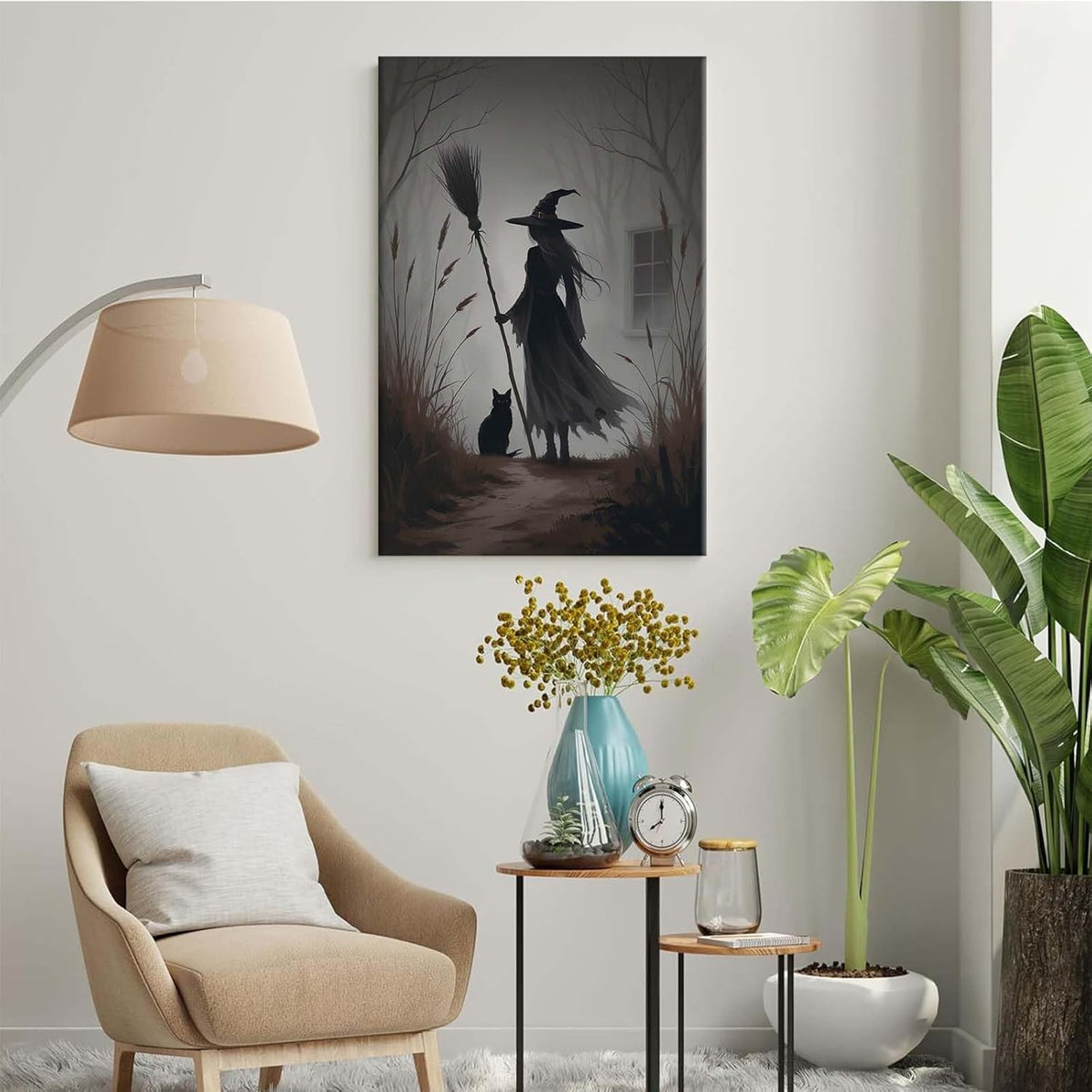 JFHCQJPK Vintage forest witch and black cat poster Halloween mural poster decoration mural art magic suitable for home living room bedroom32x48in Frameless