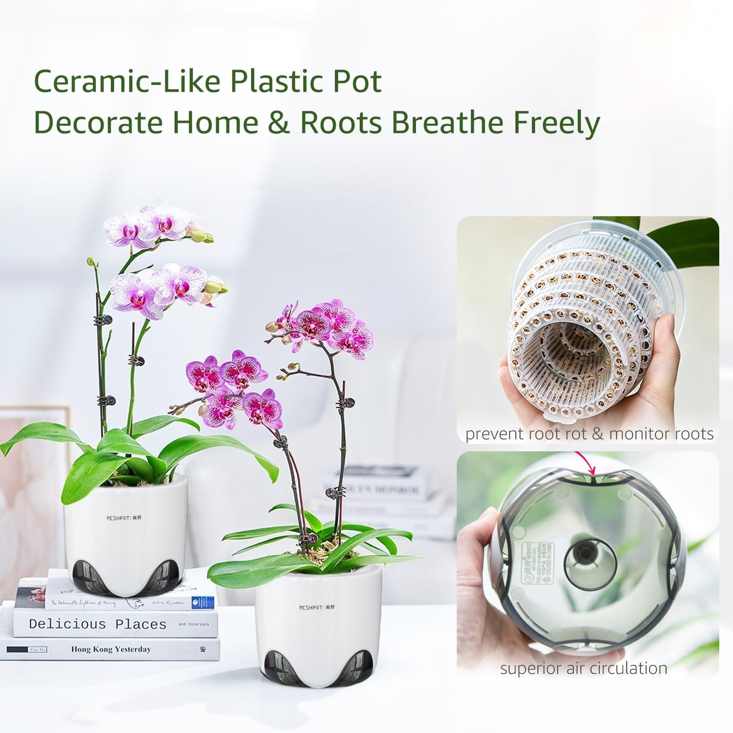 Meshpot 6 inch Orchid Pots with Holes for Repotting with Excellent Airflow, Set of 1, Double Layer Plastic Imitate Ceramic Orchid Planter, Clear Orchid Pot Match Decorative Orchid Container