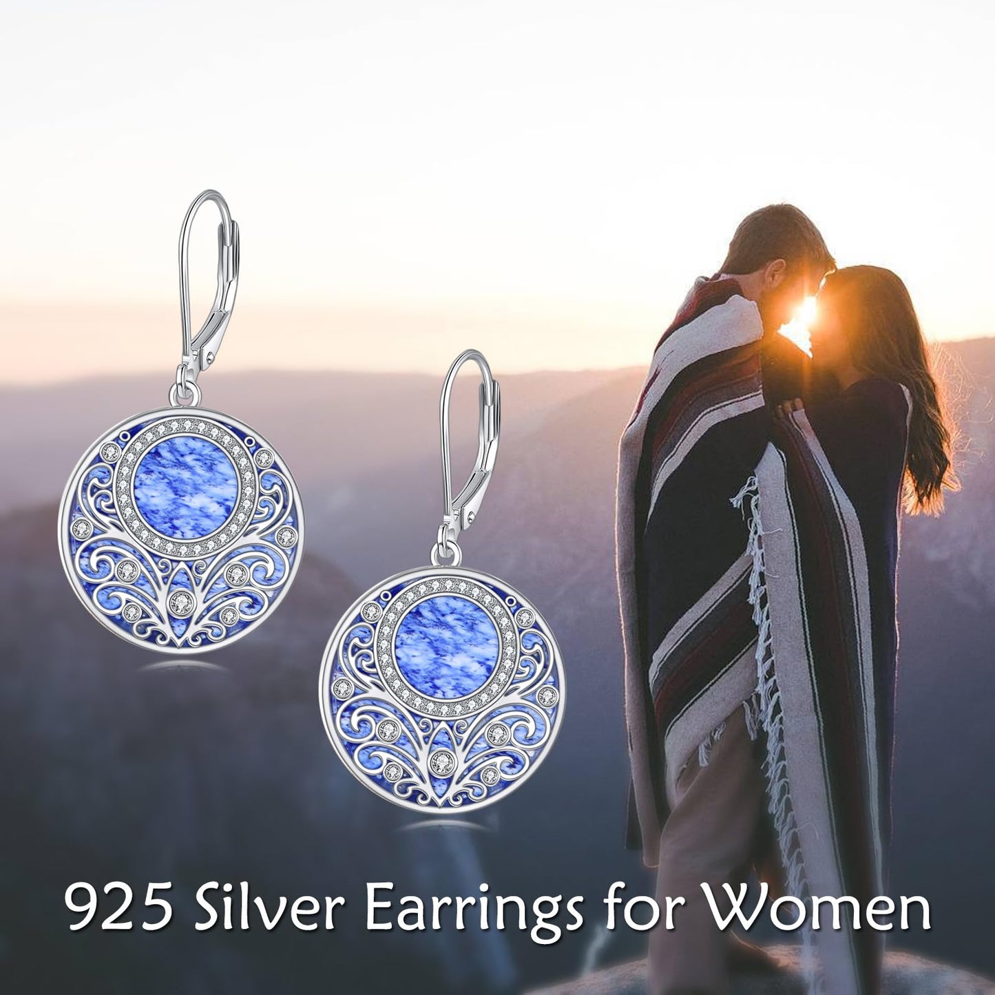Blue Natural Stone Leverback Dangle Earrings Sterling Silver Filigree Endless Circle Drop Earrings Jewelry Gifts For Women